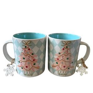 2pc Prima Design Harlequin Pink Christmas Tree Mugs Pearlescent Blue White NEW